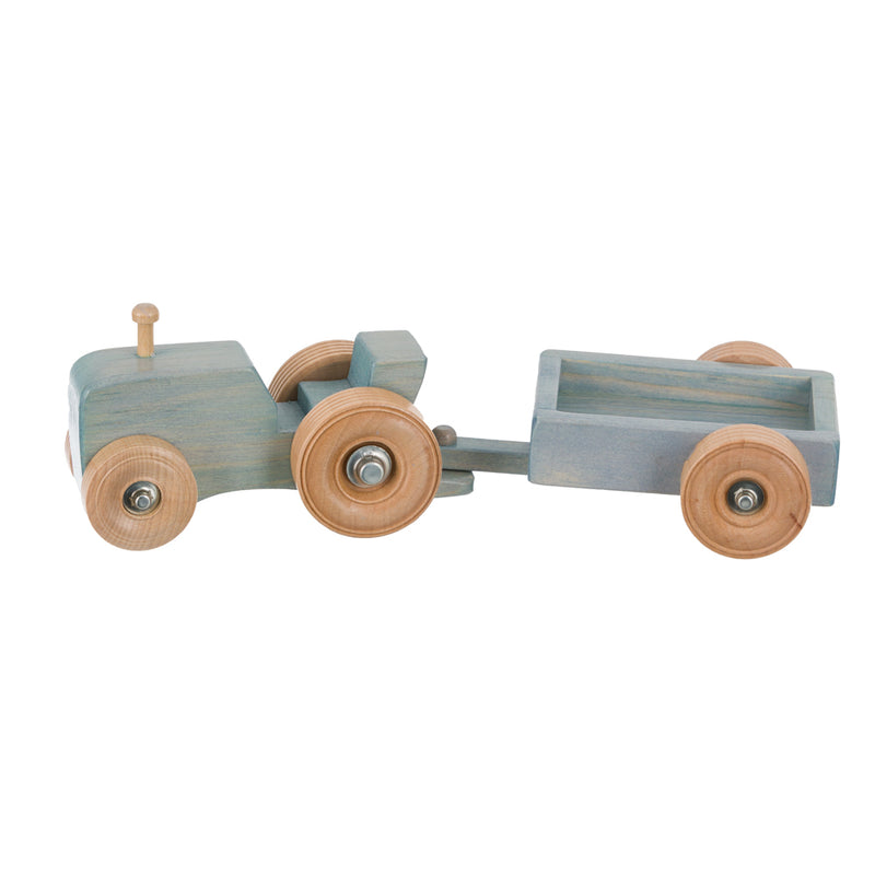 Baby Blue Small Wooden Toy Tractor and Wagon