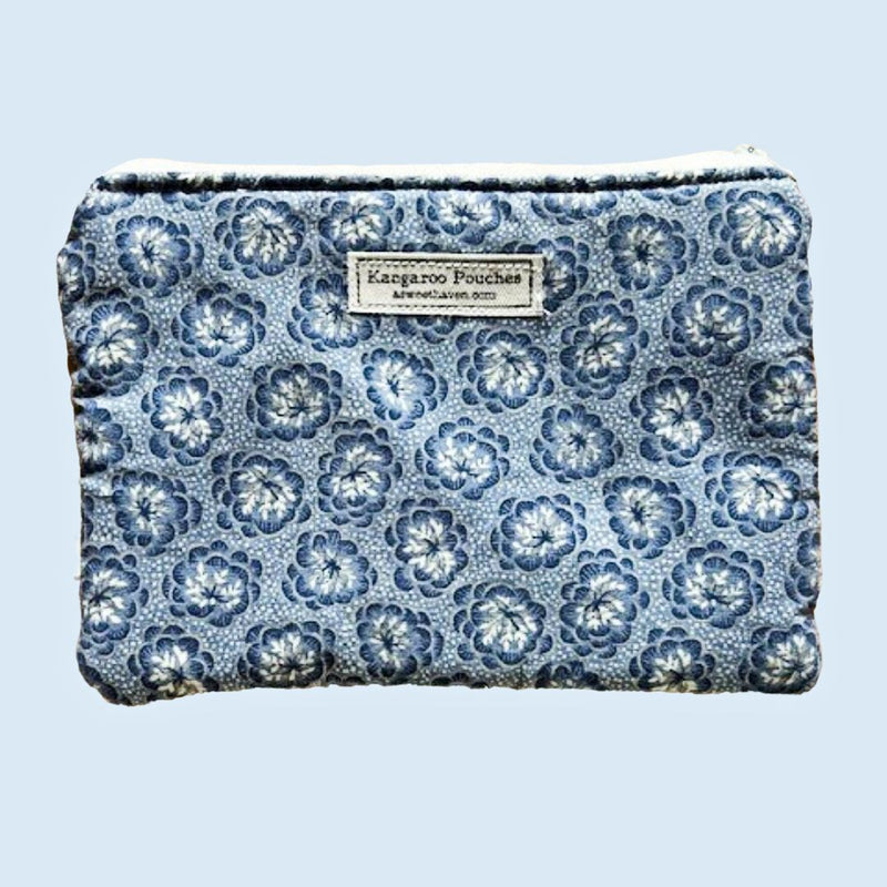 this blue floral Multipurpose Zipper Bag " Kangaroo Pouch" measures 9" x 6".  Available now at harvestarray.com.