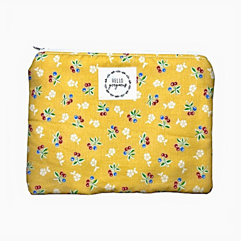 One-of-a-kind Yellow Cosmetic Pouch with Cherry Print and "Hello Gorgeous" Tag. Great for toiletries or makeup.