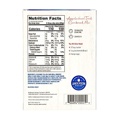 Nutrition Facts of Anderson House Appalachian Trail Cornbread Mix. Made in the USA for an authentic taste at home!