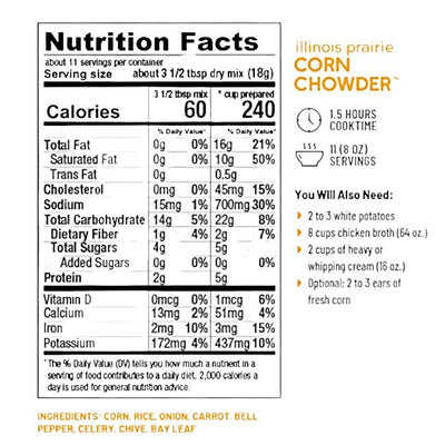 Nutrition Facts for Anderson House Corn Chowder Mix - 7oz. bag. Made in America.