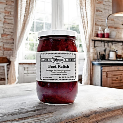 Annie's Kitchen Beet Relish made in Amish country of PA.  Available for purchase at Harvest Array's online general store.