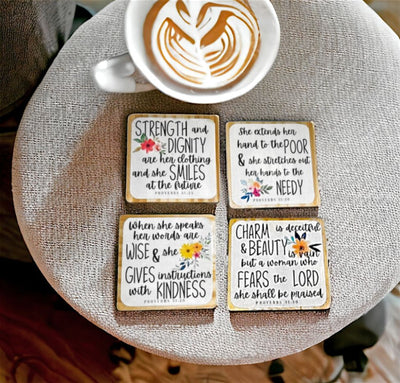 Hand crafted Wooden Set of 4 Coasters emblazoned with elegant depictions of Proverbs 31 motifs. Available for online purchase at Harvest Array