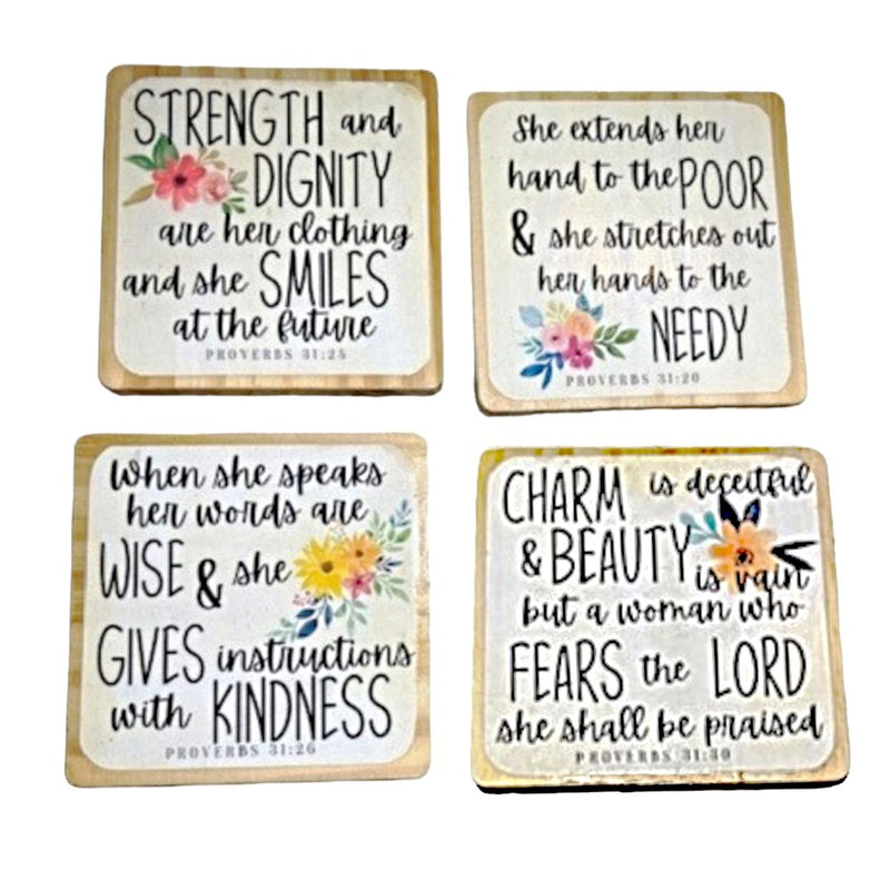 Display this set of 4 Wooden Coaters with Proverb 31 motifs that protect furitre surfaces from beverage condensation while serving as symbols of faith, strength, and grace.  Get them online at Harvest Array.
