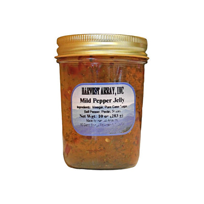 Harvest Array's Mild Pepper Jelly comes in a 10 oz. glass jar securely wrapped to ensure safe delivery to you from the western mountains of North Carolina.