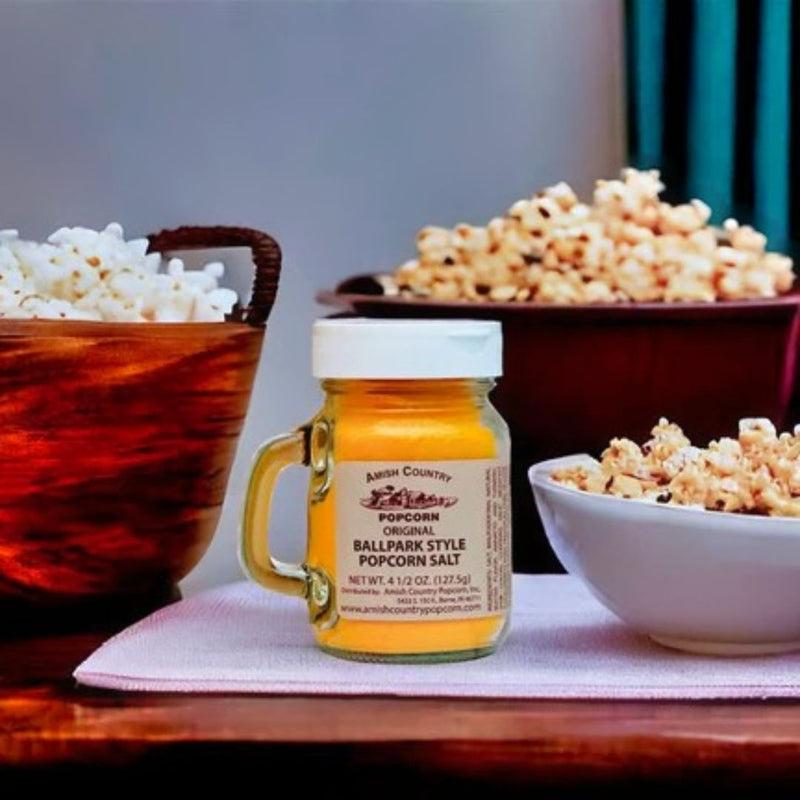 Amish Country Ballpark Style Popcorn Salt in a fun 4.5 oz Jar at Harvest Array.