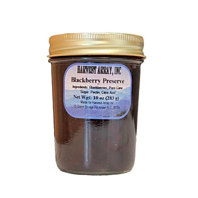 Blackberry Preserves are shipped in a 10 oz. reusable, recyclable glass jar from Harvest Array.