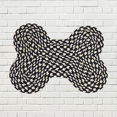 Our Black and Cream Dog Bone Shaped Rug is 14 in by 17.5 in. Purchase online at harvestarray.com.