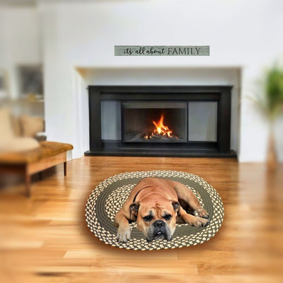 Your pup will will also love the feel of our 3' x 2' Oval Braided Rugs, shown in Gray Classic Block from Harvest Array.