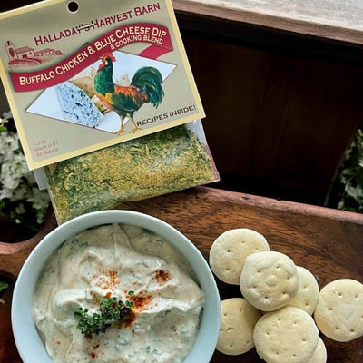 Shop Harvest Array's New Line of Halladay's Dip and Cooking Blend Mixes like this Buffalo Chicken & Blue Cheese Mix.