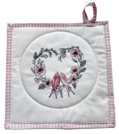 Handmade Embroidered Lovebirds in Bloom (rose) Potholder/Hot Pad is 9.5 inches square. 