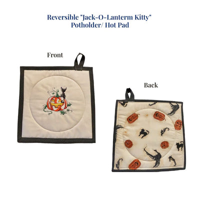 Reversible "Jack-O-Lantern Kitty" Embroidered Potholder Hot Pad with coordinating fabric on front and back. Order today in time for Halloween!