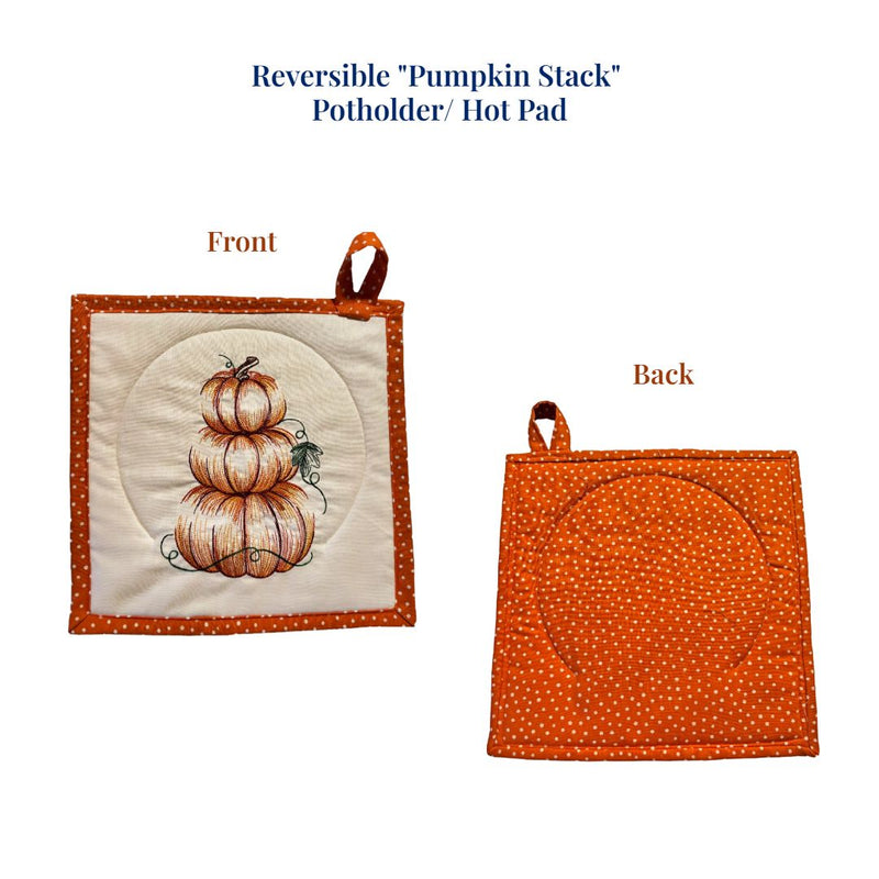 Reversible "Pumpkin Stack" Embroidered Potholder Hot Pad with coordinating fabric on front and back. Made in the USA.