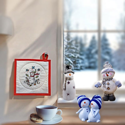 Do you collect snowmen and love to decorate with them throughout the winter? Don't forget the kitchen and add our Snowman and Friends Potholder. Made in the USA for Harvest Array