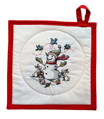 Snowman and Friends Hand made Embroidered Potholder 9.5 inches square. For purchase only at Harvest Array.