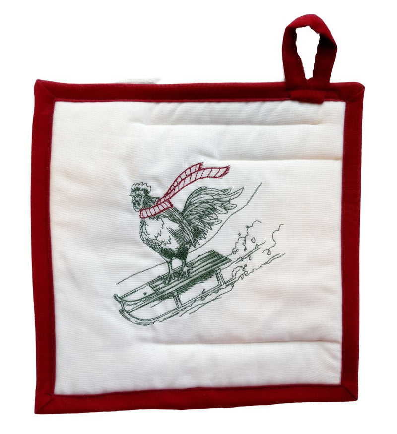 Sledding Chicken Hand made Embroidered Potholder 9.5 inches square. Only at Harvest Array.