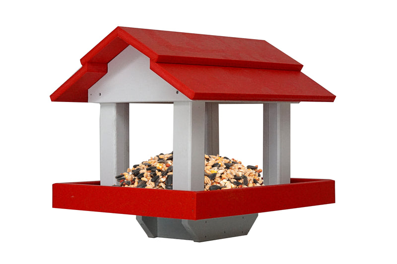 Red and White Amish Made Poly Post Mounted Bird Feeders