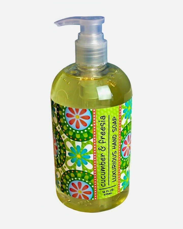 This fresh smelling Cucumber & Freesia Luxurious Liquid Hand Soap comes in a 16 oz. bottle from Harvest Array.