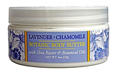 Lavender Chamomile Botanic Body Butter with Shea Butter and Botanical Oils in an 8 oz. jar.