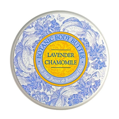 Pretty jar of Lavender Chamomile Botanic Body Butter with Shea Butter and essential oils by Greenwich Bay Trading. A product of North Carolina.