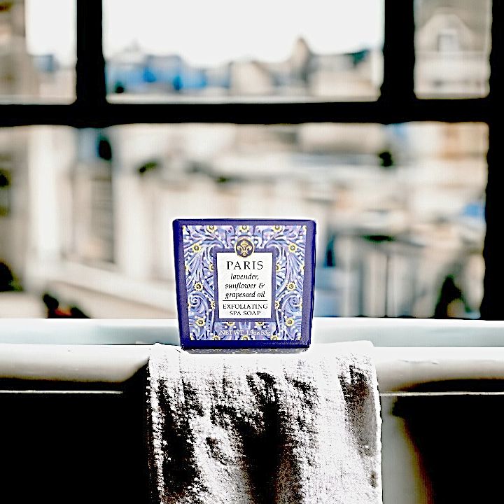 Relax in the bath and dream about Paris with this Paris Exfoliating Mini Spa Soap in a 1.9 ounce square bar, from Harvest Array.