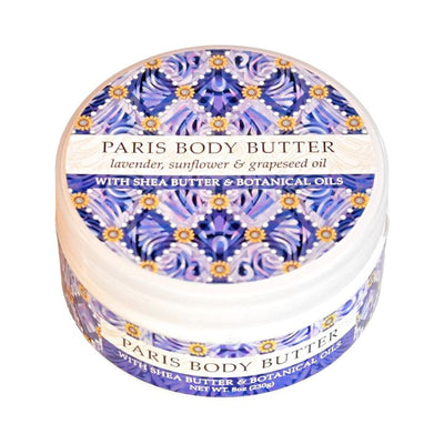 Our 8 oz. jar of Paris Body Butter includes shea butter and lavender, sunflower, and grapeseed oils. Like a promenade through a summer garden in Paris, courtesy of Harvest Array!.