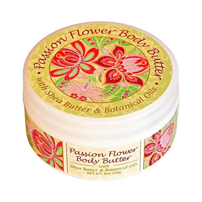 Passion Flower and Botanical Oils Body Butter with Shea Butter comes in an 8 oz. jar with a vibrant floral label.