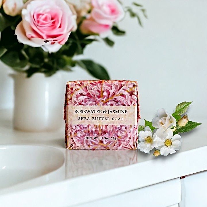 Our Rosewater & Jasmine 1.9 ounce Shea Butter Soap has a luxurious botanical scent. Made in America. Great travel size.