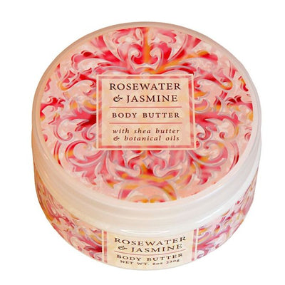 8 oz. jar of Rosewater & Jasmine Body Butter with Shea Butter and Botanical Oils. Made in the USA.