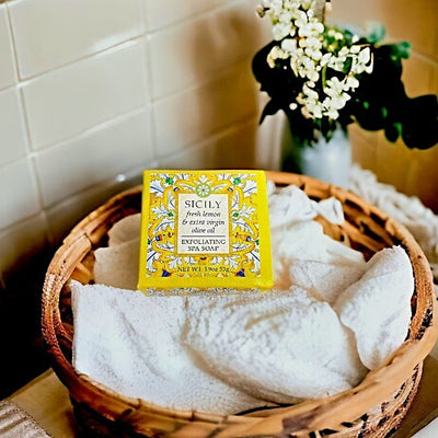 Shop Harvest Array Online for Destination Scent Exfoliating Mini Spa Soap in a 1.9 ounce square bar like this Sicily scent. 