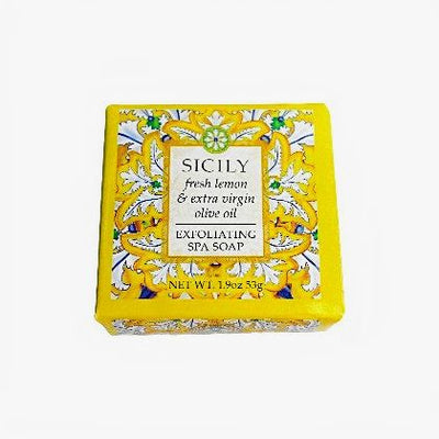 Sicily Exfoliating Mini Spa Soap in a 1.9 ounce square bar. Made in America.