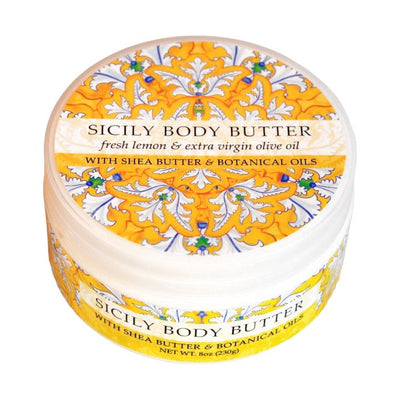Sicily Body Butter with Shea Butter and Botanical Oils in an 8 oz. jar. Available for online purchase at Harvestarray.com.