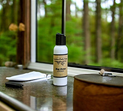 Harvest Array's Travel Size Bug Away Lotion by Garden Path Soap is ideal for a weekend hiking or camping getaway.