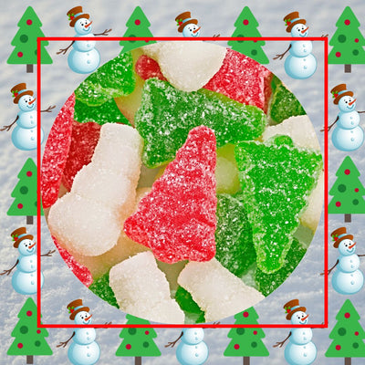 Albanese Christmas Trees and Snowmen Gummi Candy sold in 8 oz. bulk containers at Harvest Array