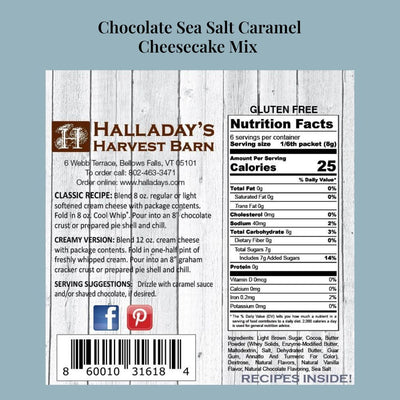 Recipes, Nutrition Facts and Ingredients for Halladay's Chocolate Sea Salt Caramel Cheesecake & Fruit Dip Mix. www.harvestarray.com