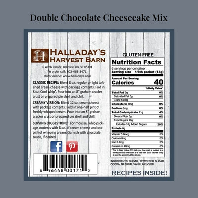 Recipes, Nutrition Facts and Ingredients for Halladay's Double Chocolate Cheesecake & Fruit Dip Mix. www.harvestarray.com