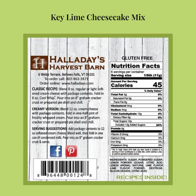 Recipes, Nutrition Facts and Ingredients for Halladay's Key Lime Cheesecake & Fruit Dip Mix. www.harvestarray.com