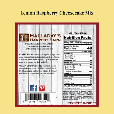 Recipes, Nutrition Facts and Ingredients for Halladay's Lemon Raspberry Cheesecake & Fruit Dip Mix. www.harvestarray.com