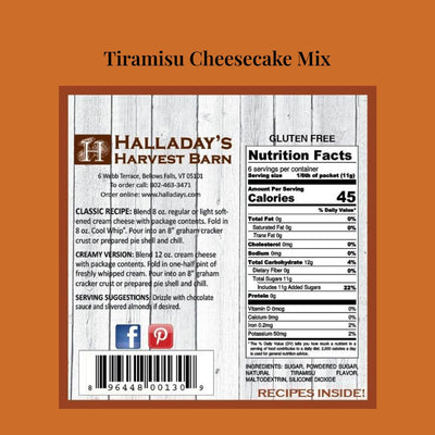 Recipes, Nutrition Facts and Ingredients for Halladay's Tiramisu Cheesecake & Fruit Dip Mix. www.harvestarray.com