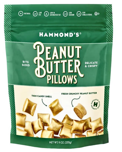 Hammond's Peanut Butter Pillows. Butterscotch candy shell with a fresh crunchy peanut butter filling. Made in the USA.