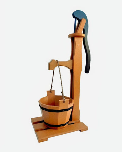 Keystone Woodworking Handcrafts this Poly Well Pump with Planter Bucket in a rustic Cedar color. Purchase online at Harvest Array.