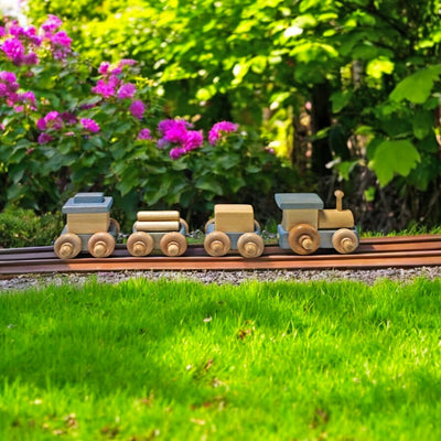  Amish made Blue/Natural Small Wooden Toy Train.