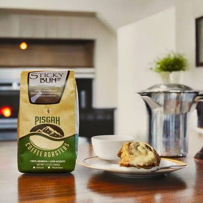 Sticky Bun gourmet flavored ground coffee crafted for generations by Pisgah Coffee Roasters. Heritage delivered to your door by Harvest Array.