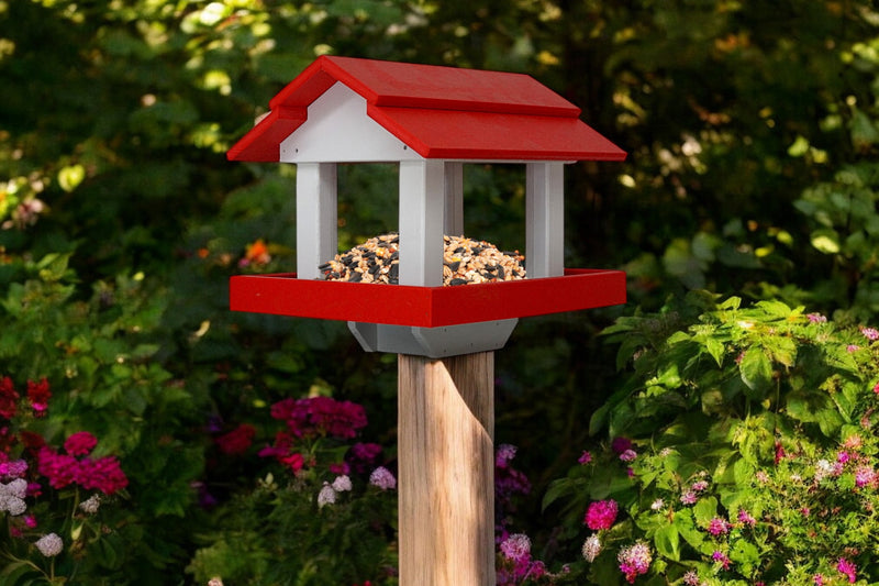 Red and White Poly Bird Feeder Mounted to a Post