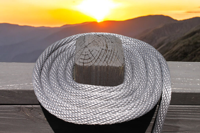 Silver Solid Braided Multifilament Polypropylene Rope on a post