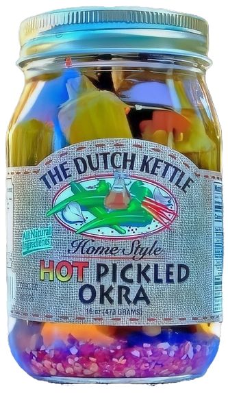 The Dutch Kettle's Amish made Hot Pickled Okra in a 16 oz. jar from Harvest Array