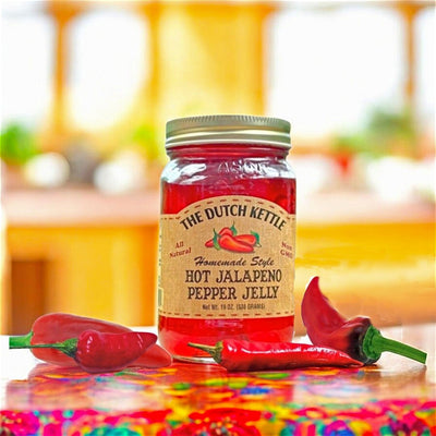 The Dutch Kettle Homestyle Hot Jalapeno Pepper Jelly has a real kick. Great poured over a brick of Cream Cheese.