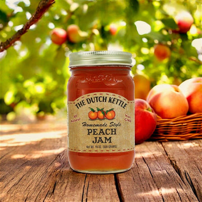 Peach flavored Dutch Kettle Amish Homemade Style Jams. Made with 100% fresh peaches