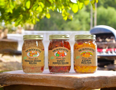 Three Types of Relish made by the Dutch Kettle - Vidalia Onion, Sweet Pepper, and Corn Relish. Purchase online at Harvest Array.