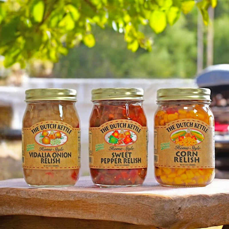 Three Types of Relish made by the Dutch Kettle - Vidalia Onion, Sweet Pepper, and Corn Relish. Purchase online at Harvest Array.